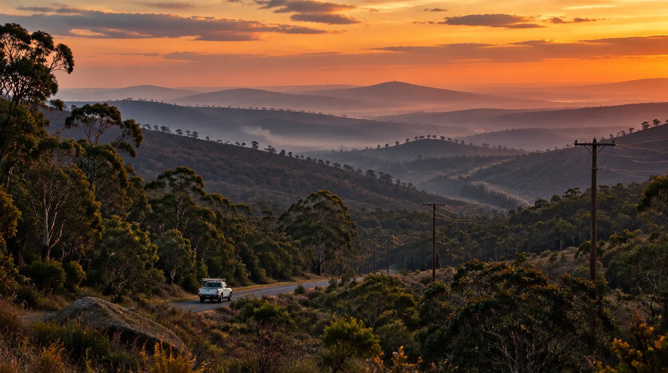 Perth Hills landscape with power poles at dusk
