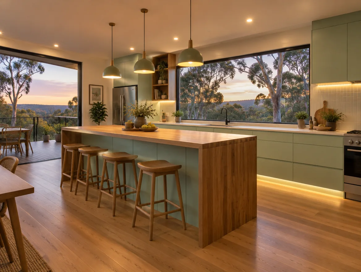 Warm LED downlights and pendants in a modern Perth Hills kitchen